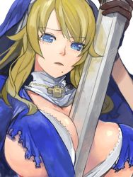 Rule 34 | 10s, 1girl, between breasts, blonde hair, blue eyes, breasts, cross, habit, large breasts, long hair, mole, nun, pupps, queen&#039;s blade, queen&#039;s blade rebellion, sigui (queen&#039;s blade), solo, torn clothes, underboob