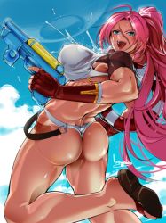 Rule 34 | 1girl, ass, back, bowalia, breasts, fate (series), francis drake (fate), from behind, long hair, looking back, muscular, muscular female, pink hair, ponytail, scar, solo, swimsuit, thong, water gun, wet