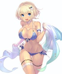 Rule 34 | 1girl, :d, arm strap, armband, bikini, blonde hair, blue bikini, blue eyes, blush, bob cut, breasts, cleavage, collarbone, covered erect nipples, cowboy shot, etrian odyssey, eyebrows, front-tie top, hair between eyes, hair ornament, hand up, highres, holding, large breasts, looking at viewer, navel, open mouth, original, phalanx (sekaiju), sekaiju no meikyuu, sekaiju no meikyuu 3, shawl, short hair, side-tie bikini bottom, simple background, smile, solo, strap gap, swimsuit, takamine nadare, thigh gap, thigh strap, white background, wrist cuffs