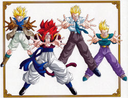 Rule 34 | 4boys, blonde hair, brothers, dragon ball, dragon ball gt, father and son, fusion, gogeta, looking at viewer, multiple boys, muscular, muscular male, official art, red hair, screaming, serious, siblings, son gohan, son goten, spiked hair, super saiyan, super saiyan 4, tagme, tail, transformation, trunks (dragon ball)