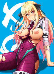 Rule 34 | 1girl, arm support, b button, blonde hair, blush, bodysuit, breasts, covered navel, female focus, large breasts, long hair, looking at viewer, nipples, purple bodysuit, red eyes, shatte judevesten, sitting, solo, super robot wars, super robot wars x-omega, sweat, torn clothes