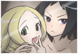 Rule 34 | 1boy, 1girl, bianca (pokemon), black hair, blonde hair, blush, cheren (pokemon), collarbone, creatures (company), game freak, green eyes, hand on another&#039;s back, hetero, looking at viewer, looking to the side, lowres, nintendo, nude, pokemon, pokemon bw2, shinuverna, teeth, tongue, upper body, upper teeth only, v-shaped eyebrows, v over mouth