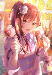 Rule 34 | 1girl, alternate hairstyle, blurry, blush, breasts, brown hair, candy apple, citrusmikan, commentary, depth of field, floral print, floral print kimono, food, food stand, hair ornament, hands up, high side ponytail, highres, holding, holding food, idolmaster, idolmaster shiny colors, japanese clothes, kimono, kinchaku, long hair, long sleeves, looking at viewer, medium breasts, morning glory print, nail polish, obi, obijime, open mouth, osaki amana, pavement, pink kimono, pink nails, pouch, sash, smile, solo, swept bangs, wide sleeves, yatai, yellow eyes