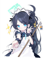 Rule 34 | 1girl, apron, aqua halo, aris (blue archive), aris (maid) (blue archive), black dress, black hair, blue archive, blue eyes, blue ribbon, blush, closed mouth, commentary request, cropped legs, double v, dress, frilled apron, frills, green halo, halo, highres, long hair, looking at viewer, maid, maid apron, maid headdress, measho, mop, neck ribbon, official alternate costume, ponytail, reaching, reaching towards viewer, ribbon, short sleeves, simple background, smile, solo, sparkle, swept bangs, v, very long hair, white apron, white background, wrist cuffs