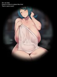 Rule 34 | 1girl, :o, blue eyes, blush, breasts, chamchami, covering privates, covering breasts, creatures (company), english text, female focus, game freak, hair ornament, holding, holding towel, lana&#039;s mother (pokemon), large breasts, looking to the side, medium hair, mature female, naked towel, nintendo, nipples, nude, onsen, plump, pokemon, pokemon (anime), pokemon sm (anime), sitting, solo, tagme, thighs, towel
