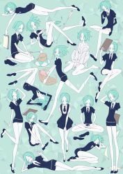 Rule 34 | 1other, ^ ^, amputee, androgynous, aqua background, aqua eyes, aqua hair, arrow (projectile), barefoot, breaking, carrying, carrying under arm, character name, clipboard, closed eyes, colored eyelashes, elbow gloves, full body, gem uniform (houseki no kuni), gloves, green background, green eyes, green hair, head rest, highres, houseki no kuni, indian style, invisible chair, looking at viewer, lying, messy hair, multiple views, necktie, one eye closed, open mouth, phosphophyllite, plantar flexion, sea slug, shards, shoes, unworn shoes, short hair, sitting, skirt, sleeping, sleepwear, smirk, standing, standing on one leg, suspender skirt, suspenders, sweatdrop, tongue, tongue out, tsugai houseki, v, v-shaped eyebrows, ventricosus