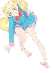 Rule 34 | 10s, 1girl, aikatsu! (series), aikatsu friends!, akinbo (hyouka fuyou), barefoot, blonde hair, blue dress, blunt bangs, bow, dress, earrings, feet, from above, green eyes, hair bow, highres, hinata ema (aikatsu friends!), jewelry, long hair, long sleeves, looking up, red bow, short dress, simple background, sitting, solo, very long hair, white background