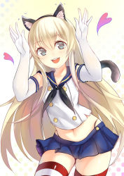 Rule 34 | 10s, 1girl, animal ears, blonde hair, blush, caramelldansen, cat ears, cat tail, elbow gloves, gloves, heart, highres, kantai collection, long hair, looking at viewer, navel, open mouth, school uniform, serafuku, shimakaze (kancolle), smile, solo, striped clothes, striped thighhighs, sunege (hp0715), tail, thighhighs, white gloves