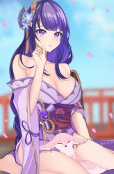 Rule 34 | 1girl, :t, absurdres, bare legs, bare shoulders, barefoot, blue sky, blurry, blurry background, breasts, cleavage, commentary request, day, fox, genshin impact, hair ornament, hand up, highres, japanese clothes, kimono, large breasts, long hair, obi, off shoulder, purple eyes, purple hair, purple kimono, raiden shogun, railing, ritou08, sash, sitting, sky, thighs, very long hair, wariza, yae miko, yae miko (fox)