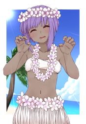 Rule 34 | 1girl, ^ ^, alternate costume, bare arms, bare shoulders, blue sky, blush, breasts, closed eyes, cloud, collarbone, dark-skinned female, dark skin, day, facing viewer, fate/prototype, fate/prototype: fragments of blue and silver, fate (series), fingernails, flower, flower necklace, flower wreath, grass skirt, hands up, hassan of serenity (fate), head wreath, i.u.y, jewelry, lei, necklace, palm tree, purple hair, sidelocks, sky, small breasts, solo, sun, sunlight, tree, white flower
