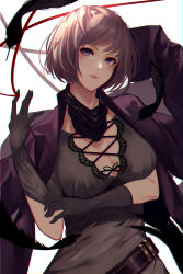 Rule 34 | 1girl, \||/, bad id, bad pixiv id, belt, blazer, blazer on shoulders, blush, bob cut, breasts, chromatic aberration, cleavage, closed mouth, collarbone, commentary request, cross-laced clothes, dress, elbow gloves, expressionless, feathers, front-tie top, gloves, grey dress, grey gloves, hands up, head tilt, highres, jacket, kisui (28992125), lace, lace-trimmed dress, lace trim, large breasts, lips, looking at viewer, loose belt, open clothes, open jacket, original, purple blazer, purple eyes, purple hair, putting on gloves, red ribbon, ribbon, short hair, short sleeves, simple background, solo, swept bangs, white background