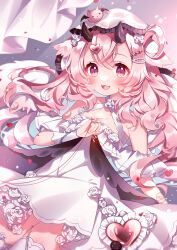 Rule 34 | 1girl, black horns, blush, breasts, cleavage, commentary, commission, copyright request, dress, fang, flower, hair ornament, heart, heart hair ornament, highres, horns, mata, pink eyes, pink hair, rose, skeb commission, skin fang, small breasts, smile, solo, symbol-only commentary, twintails, virtual youtuber, white dress, white flower, white headwear, white rose, wrist cuffs
