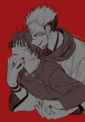 Rule 34 | 2boys, black hair, buttons, commentary request, extra eyes, facial tattoo, finger in another&#039;s mouth, finger sucking, finger to another&#039;s mouth, frown, fushiguro megumi, hand grab, high collar, jacket, japanese clothes, jujutsu kaisen, kimono, long sleeves, looking at another, male focus, multiple boys, nail polish, red background, red eyes, ryoumen sukuna (jujutsu kaisen), scarf, school uniform, short hair, smile, spiked hair, spot color, sweatdrop, tattoo, wuzhiang liufu, yaoi