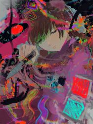 Rule 34 | 1girl, abstract, braid, brown hair, closed eyes, closed mouth, eye person (yume nikki), eyelashes, floating hair, hand up, head tilt, highres, knife, lips, long hair, madotsuki, pink sweater, solo, su (su tak), sweater, turtleneck, turtleneck sweater, twin braids, twintails, yume nikki