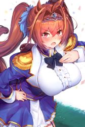 Rule 34 | 1girl, animal ears, black bow, black bowtie, blue jacket, blush, bow, bowtie, breasts, brown hair, daiwa scarlet (umamusume), epaulettes, hair intakes, hand on own hip, hand on own chest, highres, horse ears, horse girl, horse tail, jacket, large breasts, long hair, long sleeves, looking at viewer, ninoude (ninoude44), open mouth, red eyes, solo, tail, tiara, twintails, umamusume, very long hair