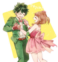Rule 34 | 10s, 1boy, 1girl, ^ ^, alternate costume, bad id, bad pixiv id, bare shoulders, bead necklace, beads, belt, blush, boku no hero academia, bow, bowtie, brown hair, closed eyes, collared shirt, couple, dancing, dress, elbow pads, eyebrows, eyelashes, fingerless gloves, flower, formal, freckles, gloves, green hair, green jacket, green pants, hair flower, hair ornament, hand on another&#039;s shoulder, happy, hetero, holding hands, jacket, jewelry, laughing, long sleeves, midoriya izuku, necklace, open mouth, pants, pearl necklace, pink dress, pink gloves, red bow, red bowtie, red gloves, reiquil, shirt, short dress, short hair, sidelocks, strapless, strapless dress, suit, teeth, traditional bowtie, uraraka ochako, white shirt