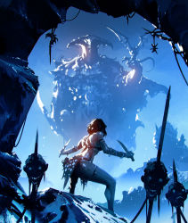 Rule 34 | 1girl, 1other, absurdres, armor, ass, blue background, bra, brown hair, cave, commentary, dagger, day, dismemberment, dragon, dual wielding, english commentary, facing away, facing viewer, from behind, giant, gradient background, head, helm, helmet, highres, holding, holding dagger, holding knife, holding weapon, impaled, kalmahul, knife, legs apart, loincloth, long sleeves, looking at viewer, medium hair, open mouth, original, outdoors, polearm, shiny skin, spear, standing, teeth, underwear, weapon