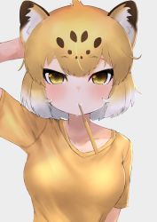 Rule 34 | 1girl, absurdres, alternate costume, animal ears, arm at side, arm behind head, arm up, bare arms, brown hair, casual, collarbone, deku suke, highres, holding, holding toothbrush, jaguar (kemono friends), jaguar ears, kemono friends, light brown hair, looking at viewer, mouth hold, multicolored hair, shirt, short hair, short sleeves, solo, toothbrush, toothbrush in mouth, upper body, white hair, yellow eyes, yellow shirt