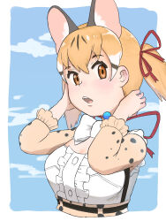 Rule 34 | 1girl, animal ears, belt, blue sky, bow, bowtie, brown eyes, brown hair, cat ears, cat girl, extra ears, highres, kemono friends, kemono friends v project, large-spotted genet (kemono friends), long hair, looking at viewer, microphone, ribbon, shirt, simple background, skirt, sky, solo, suspenders, upper body, virtual youtuber, y0whqzz8bkslezl
