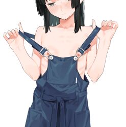 Rule 34 | 1girl, black eyes, black hair, blue overalls, blush, closed mouth, cropped head, flat chest, head out of frame, highres, long hair, md5 mismatch, muchi maro, naked overalls, nipples, overall shorts, overalls, ribs, seitokai nimo anawa aru!, simple background, solo, standing, terui arisu, webp-to-png conversion, white background