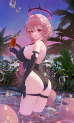 Rule 34 | 1girl, arched back, ass, azur lane, back, backless swimsuit, bad id, bad pixiv id, bare shoulders, black gloves, black one-piece swimsuit, breasts, bubble, cirilla lin, cup, drinking glass, duca degli abruzzi (azur lane), duca degli abruzzi (lustrous onyx sirenetta) (azur lane), elbow gloves, from behind, gloves, halo, halterneck, highres, holding, hurricane glass, large breasts, long hair, looking at viewer, looking back, mechanical arms, night, official alternate costume, one-piece swimsuit, outdoors, parted lips, pink hair, pool, red eyes, single mechanical arm, skindentation, solo, strap gap, swimsuit, thigh strap, thighs, wading, water