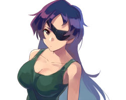 Rule 34 | 1girl, asada hachi, breasts, cleavage, closed mouth, collarbone, commentary request, expressionless, eyepatch, green tank top, large breasts, long hair, mirai nikki, purple eyes, purple hair, simple background, solo, tank top, upper body, uryuu minene, white background