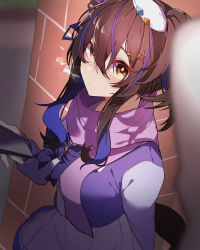 Rule 34 | 1girl, absurdres, animal ears, blue hair, blurry, blurry background, blush, breasts, breath, brown hair, cellphone, chabashira (tyabasirak55), closed mouth, commentary request, daitaku helios (umamusume), hair between eyes, hair ornament, hairclip, hand up, highres, holding, holding phone, horse ears, horse girl, horse tail, long hair, long sleeves, looking at viewer, looking up, medium breasts, multicolored hair, phone, pov, purple shirt, scarf, school uniform, shirt, side ponytail, skirt, smartphone, solo, streaked hair, tail, tracen school uniform, umamusume, white skirt, yellow eyes