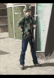 Rule 34 | 1girl, assault rifle, backpack, bag, baseball cap, blonde hair, blue eyes, gloves, gun, gun sling, hands on own hips, hat, highres, jacket, letterboxed, long hair, m4 carbine, open mouth, original, ponytail, rifle, shoes, sleeves rolled up, sneakers, solo, soysoy68, watch, weapon, wristwatch