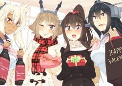Rule 34 | 4girls, :d, alternate costume, bespectacled, black hair, blonde hair, box, brown eyes, brown hair, commentary request, dark-skinned female, dark skin, gift, gift box, glasses, hair between eyes, headgear, holding, holding gift, kantai collection, long hair, multiple girls, musashi (kancolle), mutsu (kancolle), nagato (kancolle), one eye closed, open mouth, plaid, plaid scarf, ponytail, red-framed eyewear, red eyes, red scarf, scarf, short hair, smile, tonarikeru, tongue, tongue out, valentine, white scarf, yamato (kancolle)