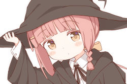 Rule 34 | 1boy, arm up, ayanepuna, black hat, black ribbon, black robe, blush stickers, bow, braid, brown bow, brown eyes, closed mouth, collared shirt, commentary, crossdressing, dress shirt, hair bow, hair ornament, hairclip, hat, hood, hood down, hooded robe, neck ribbon, nono (ayanepuna), open clothes, open robe, pink hair, ribbon, robe, shirt, simple background, solo, trap, upper body, white background, white shirt, witch hat
