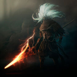 Rule 34 | 1boy, absurdres, armor, brown cloak, cloak, covered face, covered mouth, crown, dark souls (series), dark souls iii, glowing, glowing weapon, highres, holding, holding polearm, holding weapon, hollow eyes, lightning, long hair, martinleborgne, nameless king, polearm, red lightning, solo, spear, weapon, white hair