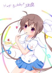 Rule 34 | 10s, 1girl, blue bow, blue skirt, blush, bow, brown hair, closed mouth, collarbone, commentary request, dated, fang, fang out, fork, hair between eyes, hair bow, happy birthday, head tilt, heart, highres, holding, holding fork, holding plate, long hair, looking at viewer, mafu makura, momochi tamate, plate, pleated skirt, puffy short sleeves, puffy sleeves, purple eyes, sailor collar, school uniform, serafuku, shirt, short sleeves, sidelocks, skirt, slow start, smile, solo, twintails, utensil in mouth, very long hair, white background, white bow, white sailor collar, white shirt