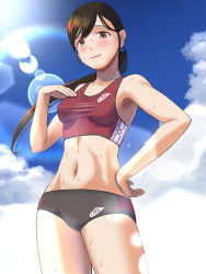 Rule 34 | 1girl, abs, bare arms, blue sky, blush, breasts, brown eyes, brown hair, buruma, check commentary, cloud, cloudy sky, commentary, commentary request, day, floating hair, hand on own hip, hayato rock, highres, lens flare, light smile, lips, long hair, looking at viewer, navel, original, outdoors, ponytail, rainbow, refraction, sky, small breasts, solo, sports bikini, sportswear, stomach, sunlight, sweat, swept bangs, thighs, track and field, track uniform
