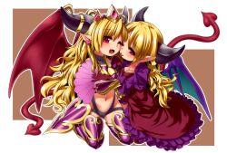 Rule 34 | 2girls, ;d, ;p, blonde hair, cheek-to-cheek, demon tail, demon wings, fang, hand fan, holding hands, heads together, heart, highres, horns, lilith (p&amp;d), multiple girls, navel, one eye closed, open mouth, pointy ears, puzzle &amp; dragons, red eyes, rutsubo, smile, tail, tongue, tongue out, wings, wink