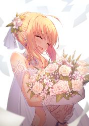Rule 34 | 1girl, ^ ^, ahoge, alternate costume, artoria pendragon (all), artoria pendragon (fate), backlighting, bare shoulders, blonde hair, blue ribbon, blush, bouquet, braid, breasts, cleavage, closed eyes, commentary request, copyright name, dress, earrings, fate/grand order, fate (series), flower, gloves, hair flower, hair ornament, highres, holding, holding bouquet, holding flower, jewelry, long hair, necklace, profnote, ribbon, saber (fate), short hair, simple background, smile, solo, wedding dress, white background, white flower, white gloves
