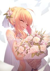 1girl ^_^ ahoge alternate_costume artoria_pendragon_(all) artoria_pendragon_(fate) backlighting bare_shoulders blonde_hair blue_ribbon blush bouquet braid breasts cleavage closed_eyes commentary_request copyright_name dress earrings fate/grand_order fate_(series) flower gloves hair_flower hair_ornament highres holding holding_bouquet holding_flower jewelry long_hair necklace profnote ribbon saber_(fate) short_hair simple_background smile solo wedding_dress white_background white_flower white_gloves