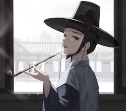 Rule 34 | 1boy, black hair, black hat, brown eyes, commentary request, gat (korean traditional hat), hanbok, hand up, hat, highres, holding, holding smoking pipe, indoors, kiseru, korean clothes, long sleeves, male focus, open mouth, original, ruda (ruda e), see-through, signature, smoke, smoking pipe, solo, teeth, topknot, upper body, upper teeth only, wide sleeves
