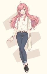 Rule 34 | 1girl, :d, ahoge, alternate costume, bad id, bad twitter id, bag, belt, black footwear, blush, casual, commentary request, denim, fashion, full body, highres, jeans, long hair, looking at viewer, nishizono honoka, open mouth, pants, pink eyes, pink hair, shirt, shoes, shoulder bag, sidelocks, smile, solo, thigh gap, tokyo 7th sisters, umeno (shio1205), watch, white shirt, wristwatch