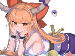 Rule 34 | 1girl, alternate breast size, blue skirt, blush, bow, breasts, chain, closed mouth, fang, hair bow, hands on own chin, head rest, horns, ibuki suika, large breasts, long hair, lying, oni horns, orange eyes, orange hair, puuakachan, red bow, shirt, sideboob, simple background, skirt, smile, solo, torn clothes, torn sleeves, touhou, twitter username, white background, white shirt, wrist cuffs