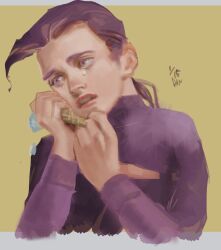 Rule 34 | 1boy, commentary request, crying, crying with eyes open, danart14020, food, freckles, highres, holding, ice cream, ice cream cone, jojo no kimyou na bouken, lips, long hair, long sleeves, male focus, purple eyes, purple hair, purple sweater, realistic, solo, sweater, tears, teeth, vento aureo, vinegar doppio