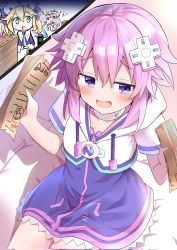 Rule 34 | 2girls, blonde hair, blush, breasts, choker, d-pad, d-pad hair ornament, dress, flat chest, green eyes, hair ornament, hairclip, hat, highres, histoire, jacket, jersey, jersey dress, long hair, multiple girls, naoya ee, neptune (neptunia), neptune (series), open mouth, paper, purple eyes, purple hair, robe, short hair, sitting, skirt, small breasts, thighs