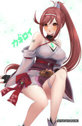 Rule 34 | 1girl, arm tattoo, bare shoulders, blush, breasts, chest jewel, cleavage, criss-cross halter, detached sleeves, fingerless gloves, glimmer (xenoblade), gloves, halterneck, high ponytail, highres, japanese clothes, kamaniki, kimono, large breasts, looking at viewer, obi, ponytail, red hair, sash, simple background, solo, swept bangs, tattoo, white kimono, wide sleeves, xenoblade chronicles (series), xenoblade chronicles 3, xenoblade chronicles 3: future redeemed