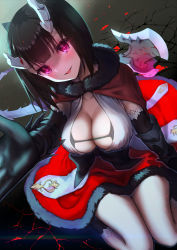 Rule 34 | + +, 1girl, axe, black bra, black gloves, black hair, blush, bob cut, bra, breasts, broken horn, cape, capelet, cleavage, commentary request, demon girl, demon horns, dress, elbow gloves, eriko (princess connect!), fur-trimmed capelet, fur-trimmed dress, fur trim, gauntlets, gloves, glowing, glowing eyes, highres, horns, large breasts, looking at viewer, outstretched hand, pov, princess connect!, purple eyes, red cape, red dress, shaded face, short hair, smile, solo, sylvaniaf, tail, underwear