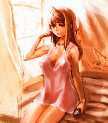 Rule 34 | 1girl, bow (bhp), breasts, brown hair, cleavage, large breasts, lingerie, long hair, negligee, original, solo, underwear
