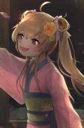 Rule 34 | 1girl, :3, absurdres, arm up, brown eyes, brown hair, building, cherry blossoms, close-up, commentary request, floral print, flower, flower ornament, girls&#039; frontline, guunhanchi, hair flower, hair ornament, hair over shoulder, happy, head tilt, highres, house, japanese clothes, kimono, lake, long hair, long sleeves, obi, open mouth, pink kimono, sash, scar, scar across eye, scar on face, shiny clothes, smile, twintails, ump9 (girls&#039; frontline), water, wide sleeves, yellow flower