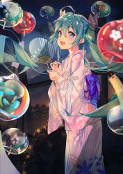 Rule 34 | 1girl, ahoge, fang, floating hair, from side, green eyes, green hair, hair between eyes, haitang, hand fan, hatsune miku, japanese clothes, long hair, looking at viewer, night, open mouth, outdoors, paper fan, sidelocks, solo, twintails, uchiwa, very long hair, vocaloid, wind chime