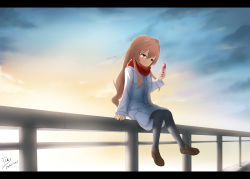 Rule 34 | 1girl, aisaka taiga, black pantyhose, brown hair, cellphone, crying, crying with eyes open, dated, highres, holding, holding phone, letterboxed, long hair, looking away, pantyhose, phone, railing, red scarf, scarf, signature, sitting, solo, tears, toradora!, yioshu