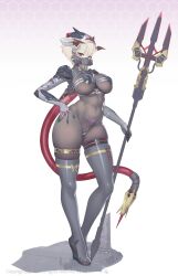 Rule 34 | 1girl, absurdres, black bodysuit, bodysuit, boots, breasts, covered mouth, covered navel, full body, gradient background, grey footwear, hand on own hip, highres, holding, large breasts, looking at viewer, original, red eyes, simple background, solo, standing, suerte, tail, thigh boots, thighs, white hair