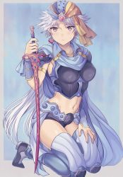 Rule 34 | 1girl, absurdres, arm guards, armband, armor, blue background, blue cape, blue thighhighs, blush, border, breastplate, breasts, cape, earrings, final fantasy, final fantasy ii, firion, full body, genderswap, genderswap (mtf), grey eyes, grey hair, hair ornament, head scarf, highres, holding, holding sword, holding weapon, jewelry, knee pads, kneeling, looking at viewer, low ponytail, lyric (hina9111), medium breasts, midriff, multicolored clothes, multicolored headwear, navel, parted bangs, short hair with long locks, shoulder armor, solo, sweatdrop, sword, thighhighs, waist cape, weapon