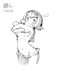 Rule 34 | 1girl, abe&#039;s drawings, absurdres, arched back, arms up, artist name, bare shoulders, blush, bob cut, breasts, closed mouth, clothes lift, cowboy shot, creatures (company), crossed arms, female focus, game freak, greyscale, groin, hairband, happy, heart, highres, lana (pokemon), lifting own clothes, lineart, looking at viewer, monochrome, navel, nintendo, nipples, no bra, no panties, pants, pokemon, pokemon sm, sailor collar, shirt, shirt lift, short hair, sidelocks, signature, simple background, sketch, sleeveless, sleeveless shirt, small breasts, smile, solo, split mouth, spoken heart, standing, stomach, twitter logo, twitter username, undressing, white background